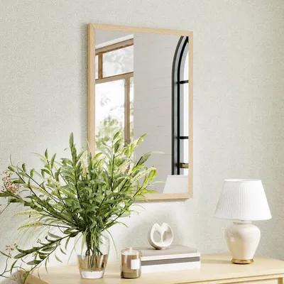 Produktbild von Wandspiegel 60x40 cm Naturholz – Rechteckiger Badezimmerspiegel mit Haken, Hoch- & Querformat, MDF