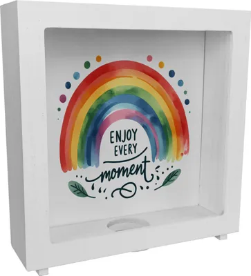 Produktbild von Regenbogen Rahmen Spardose aus Holz mit Spruch Enjoy every moment