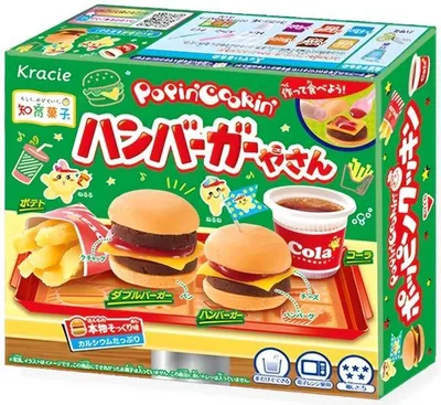 A box of a DIY candy kit for making miniature hamburgers and french fries.