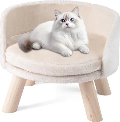 Zdjęcie produktu dla COSTWAY sofa dla kota, podwyższone legowisko dla kota, kanapa dla kota z okrągłą poduszką, oparciem i drewnianymi nogami, fotel dla kota, miękka sofa dla kota, 42x42x33 cm, beżowa