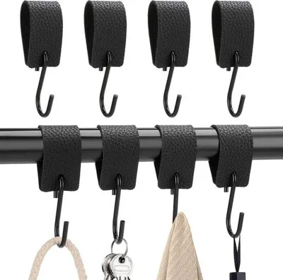 Image de 8 crochets en acier inoxydable avec revêtement en cuir, noir, pour penderie