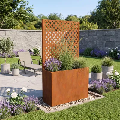 Image de Cloisonnement "Malja" avec jardinière et support pour plantes grimpantes, en acier, dimensions 146 x 83 x 31 cm, finition rouille noble