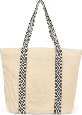 Produktbild von styleBREAKER Papierstroh Strandtasche mit Azteken Muster Bändern | Damen Flechttasche mit Reißverschluss | 50 x 37 x 13 cm