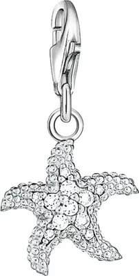 A silver starfish charm encrusted with clear crystals, hanging from a silver clasp.