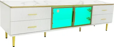 Produktbild von Fortuna Lai Niedriger TV-Schrank in Marmoroptik, 4 Schubladen mit goldenen Griffen, 2 Türen aus gehärtetem Glas, Weiß + Gold