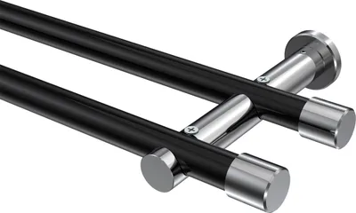 Produktbild von Interdeco Gardinenstange / Vorhangstange Schwarz / Chrom, Typ Platon Santo (Kappe) ohne Ringe, 20 mm Ø 2-läufig, 100 cm