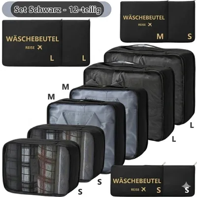 Image de Lot de 12 cubes de rangement noirs - Organisateur de valise - Set de sacs de voyage