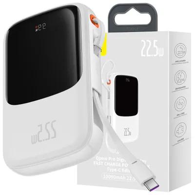 Produktbild von Baseus Qpow Powerbank 10000Mah Eingebautes Usb Kabel Typ C 22.5W Schnellladung Scp Afc Fcp Weiss (Ppqd020102)