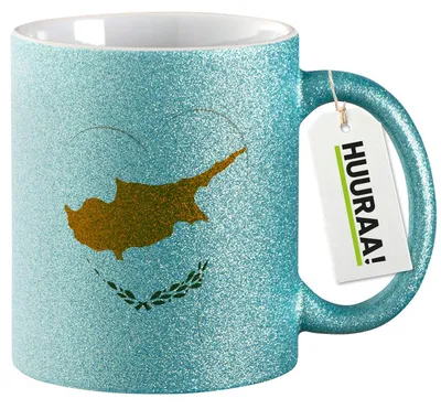 Produktbild von Huuraa Glitzertasse Zypern Flagge Herz 330ml Blau Keramik Kaffeebecher Geschenkidee