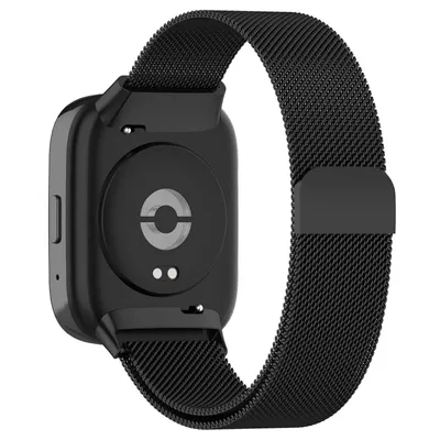 The back of a black smartwatch with a black Milanese loop band.