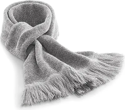 A knitted scarf with fringe on a white background.