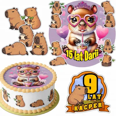 Zdjęcie produktu dla Zestaw Opłatek Na Tort 20Cm + 16 Postaci - Kapibara + Imię 15Cm 18Cm