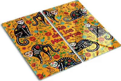 Obrázok produktu pre Sklenená ochranná doska – Kryt varnej dosky – Kryt na indukčnú dosku – 2x30x52 cm – Rýchle čistenie – Tvrdené sklo – Calavera Mačky