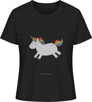 Produktbild von Mr. & Mrs. Panda Oberteil Damen Einhorn Happy Größe XL - Schwarz - Geschenk, Lebensfreude, Basic T-Shirt, glücklich, Spaß, Unicorn, Shirt, Kurzarmshirt, Einhörner
