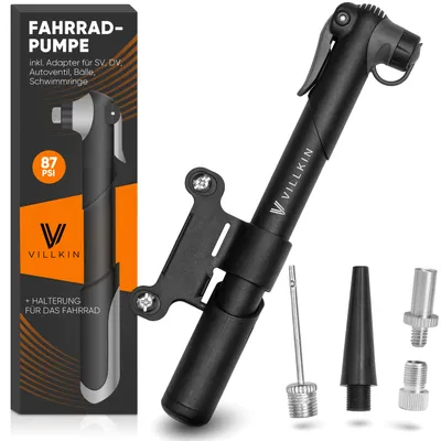 Produktbild von Villkin Fahrradpumpe 87 PSI für alle Ventile – Inkl. Adaptern für (SV) Presta, (AV) Schrader, (DV) Dunlop-Ventil & Bälle – Pumpe kompatibel für Mounta