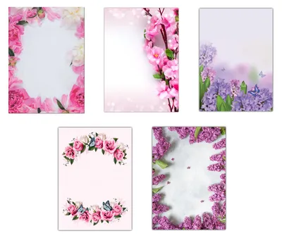 Produktbild von 5 x 5 Blatt im Set Briefpapier Mix DIN A4 Blumen Blüten Pfingstrosen Kirschblüten Hyazinthen mit Schmetterlingen Rosen Flieder Motivpapier (MPA-5232)