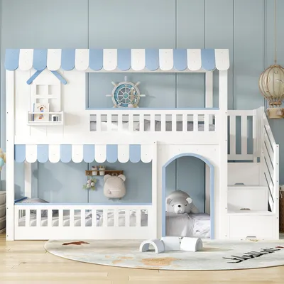 Obrázek produktu pro Abrihome Patrová postel Dětská postel 90x200cm se schody, skříní a oknem, masivní dřevěná patrová postel s ochrannou zábranou a roštem