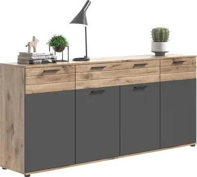 A modern sideboard with wooden top drawers and dark gray cabinet doors, displayed against a white background.