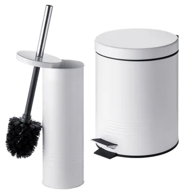 Produktbild von Relaxdays Badezimmer Set, 2-teilig, WC-Bürste, Mülleimer, 5 l, Absenkautomatik, Metall, Badaccessoires, Badset, weiß