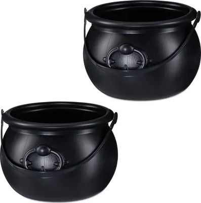 Obrázek produktu pro Relaxdays Čarodějnický kotlík, sada 2 ks, halloweenská dekorace, kbelík na sladkosti, zlatý kotlík V x H: 13 x 19 cm, čarodějnické doplňky, černý