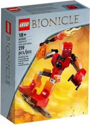 The image shows the front of a LEGO Bionicle building set box, featuring the Tahu and Takua set.