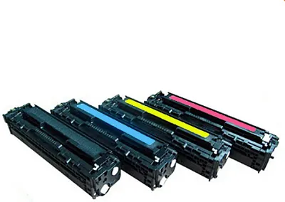 Four toner cartridges are lined up diagonally against a white background.