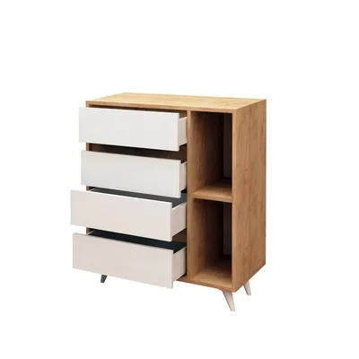 A chest of drawers with open drawers and a side shelving unit, shown against a white background.
