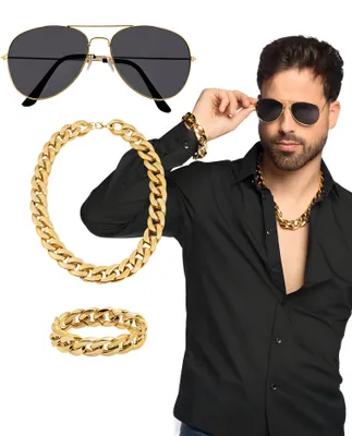 Image de Kit de costume Pimp - Collier d'or Bracelet Lunettes | Costume Macho Rapper Rocker