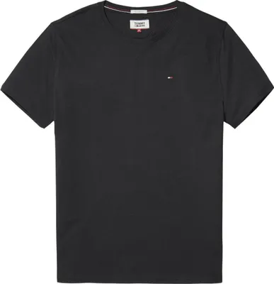 A plain black t-shirt is shown against a white background.