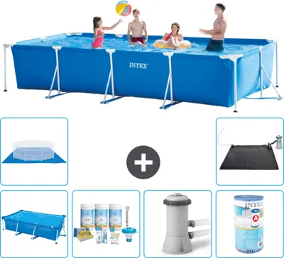 Zdjęcie produktu dla Basen Intex z prostokątną ramą - 450 x 220 x 84 cm - niebieski - zawiera markizę - pakiet konserwacyjny - pompę filtrującą do basenu - filtr - pokrywę naziemną - matę solarną