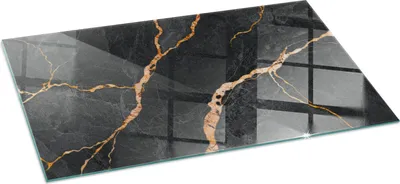 A rectangular glass floor plate with a black marble pattern and gold veins, shown at an angle on a white background.