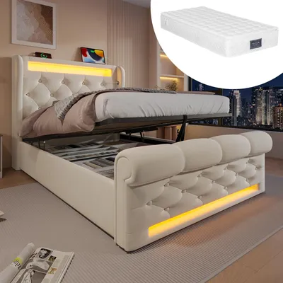 Produktbild von okwish Polsterbett 90x200 mit Lattenrost und Matratze,Jugendbett mit LED-Leuchten und Stauraum-Kopfteil,Stauraumbett mit USB- und Typ-C-Anschlüssen,Samt,Beige