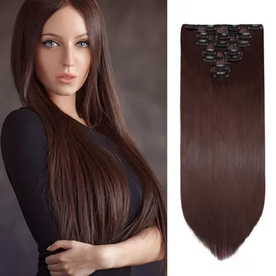 Image de Extensions à clipser, postiches en fibres synthétiques, couleur brun foncé doré, 70 cm