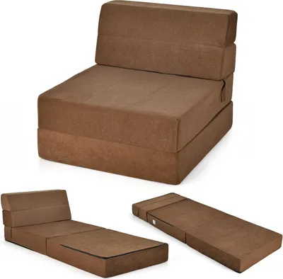 A brown foldable mattress shown in three different configurations: as a chair, as a bed, and folded for storage.