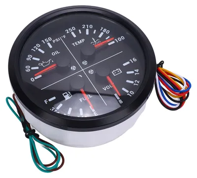 Image de Jauge multifonction 4-en-1 de 110 mm (4 3/8 pouces) – 12 V CC : pression d'huile (0-150 PSI), niveau de carburant, température de l'eau (100-250 °C), voltmètre (8-16 V) pour camping-cars, bateaux et camions – Cadran noir, lunette noire