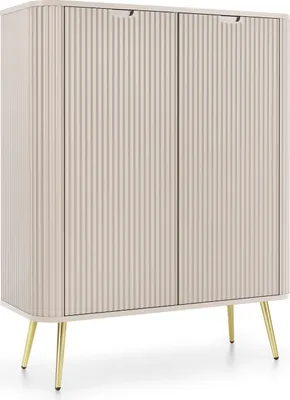 Produktbild von Kommode 100 cm Gerly - Loft, Metallbeine, geriffelten Fronten, 2 Türen - Sideboard mit Lamellen, Hochkommode auf Beinen (Beige / Gold)
