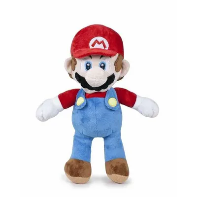A plush toy of the character Mario from the Super Mario video game franchise.