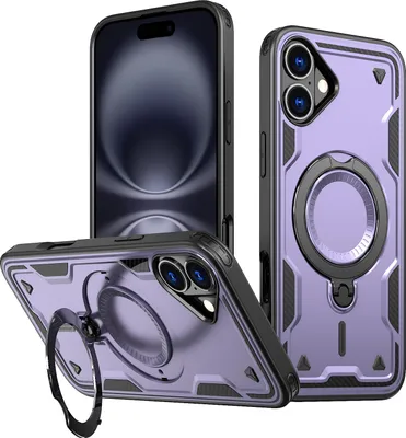 Produktbild von Dual Layer Hülle für iPhone 16 Plus Metall Ring Ständer Magnetisch Stoßfest Militär Handyhülle Lila