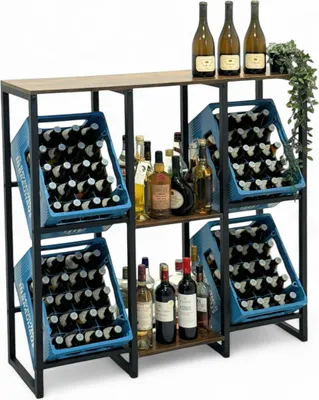 A multi-tiered metal and wood shelf unit holding numerous bottles of wine and other beverages in blue plastic crates.