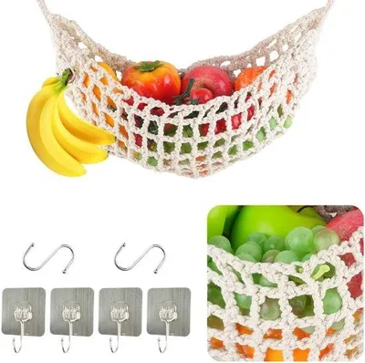 Produktbild von Famanu Macramé Fruchthängematte – handgewebt mit 4 Haken + 2 Bananenhaken, Boho