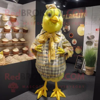 Produktbild von Maskottchen REDBROKOLY kostüm der zitronengelben Hühner bekleidet mit einem Flanellhemd und Geldbörsen