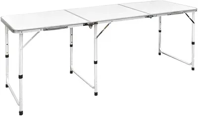 Obrázek produktu pro Skládací campingový stůl, rozměry 180x60 cm, výškově nastavitelný, vyrobený z hliníku, přenosný, vhodný pro použití v zahradě, na pikniku a při outdoorových aktivitách, barva bílá