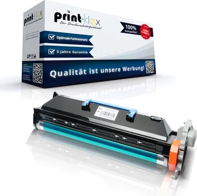 A printer toner cartridge and its packaging are displayed on a white reflective surface.