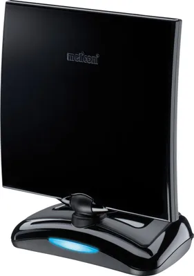 A black indoor TV antenna with a blue illuminated base, shown against a white background.