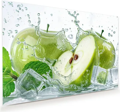 Produktbild von Glasbild 120x80cm in XXL für Wohnzimmer, Schlafzimmer Motiv Frische Äpfel Splash