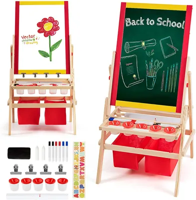 Produktbild von Kinder-Staffelei aus Holz, Doppelseitige Standtafel mit Kreidetafel und magnetischem Whiteboard, Höhenverstellbare Maltafel, inklusiv Malpapier, 2 Aufbewahrungsboxen, Halterung usw.