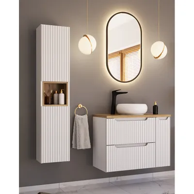 Produktbild von Badmöbel Set 3-teilig mit 80cm Waschtisch, weiß und Eiche, NEWPORT-56-WHITE