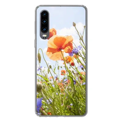 Produktbild von MuchoWow® Handyhülle Schutzhülle Hülle für Huawei P30 Blumen - Mohn - Frühling - Natur - Rot - Blau Silikon Softcase Handy Hülle - Kartenbesitzer