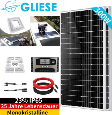 Produktbild von Solarmodul Kit 300W Balkonkraftwerk Photovoltaik-Solaranlage 12V MONO PV System mit Wohnmobilhalterung Für Wohnmobil/Wohnwagen/Boot/Camping