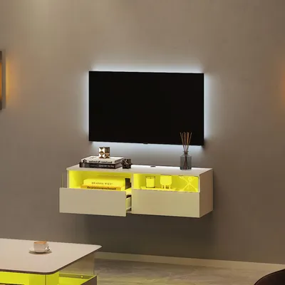 Produktbild von Radelldar Lowboard mit LED-Beleuchtung, TV-Schrank, hängend , grifflose TV-Board, 2 Schubladen mit Acryl, 100 cm, Weiß
